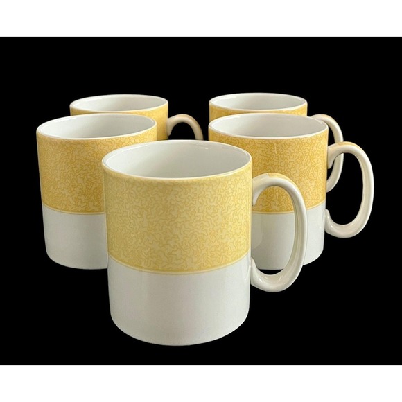 Set Of 5 Spode‎ Vermicelli Yellow Rimmed Mugs Made In England 10 oz